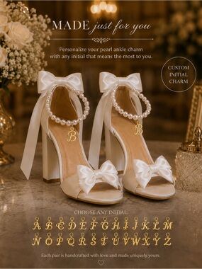 Luxury Personalized Bridal Heels Pearl Ankle Strap Satin Bow Wedding Shoes